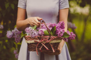 woman with lilacs in a basket